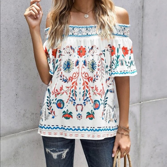 Boho floral print off shoulder blouse White - Picture 3 of 9